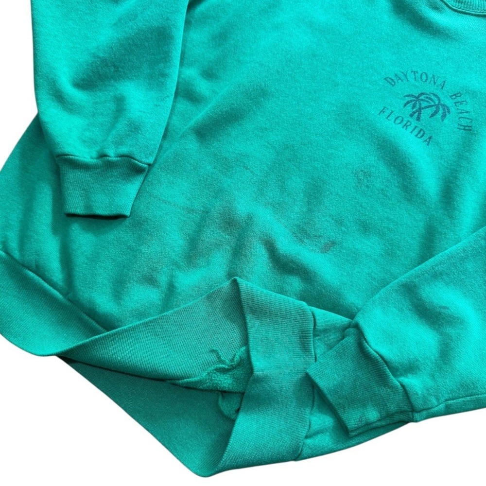 Vintage 80s Pannill Daytona Beach Florida USA Teal Raglan Surf Palm Tree Sweater - Picture 5 of 8